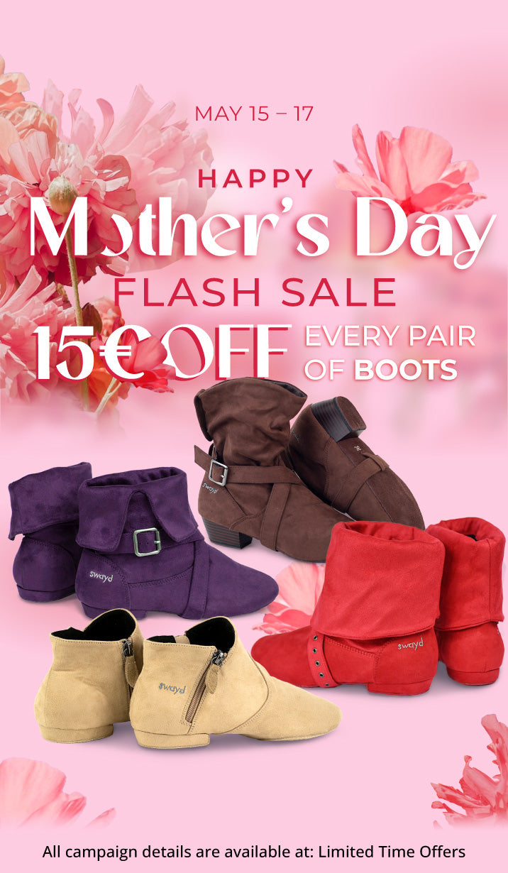 Mother’s Day banner featuring Swayd dance boots surrounded by blooming flowers, celebrating femininity, love, and grace in a soft seasonal style.
